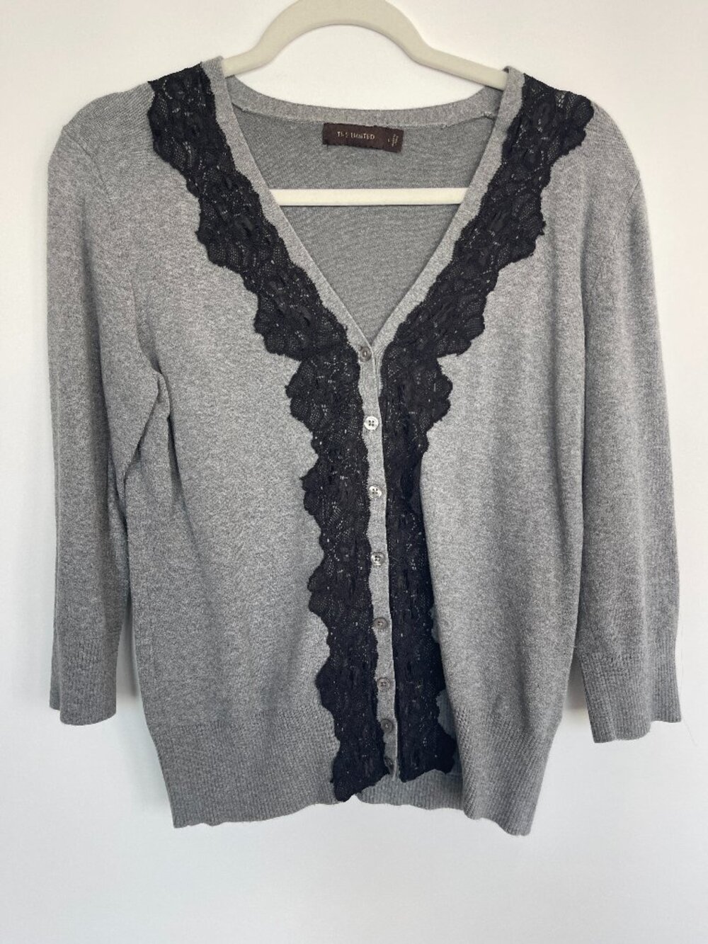 The Limited Gray Cardigan Black Floral Lace Trim V Neck Button Front L